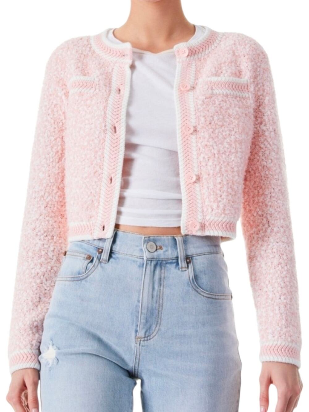 Alice + Olivia Noella Crew Neck Pink‎ White Cropped Cardigan Size Large